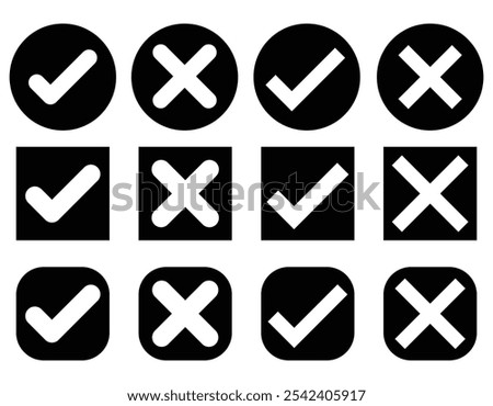 Right or wrong icons.  Yes or no symbol, approved or rejected icon for user interface. Check mark icon button set. Red, green, right, wrong. can, can't, yes, no, flat, line, black, accept and  reject.