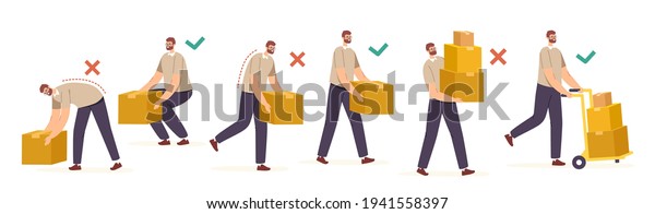 Right and Wrong Manual Handling and Lifting
of Heavy Goods. Male Characters Carry Carton Boxes Correctly and
Improperly Way in Hands and on Forklift, Back Health. Cartoon
People Vector
Illustration