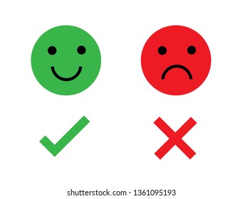 The right and wrong mark. Emoji shows feelings of happiness and sadness. Vector illustration in flat design background.