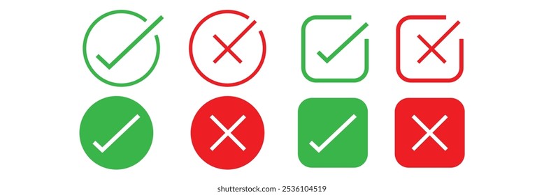 direito e marcas erradas, marca de tique e marcas de cruz, aprovado, símbolo desaprovado . marca e ícone isolado da caixa errada.
