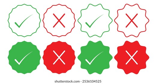 direito e marcas erradas, marca de tique e marcas de cruz, aprovado, símbolo desaprovado . marca e ícone isolado da caixa errada.