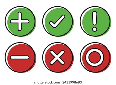 Right, wrong, minus, plus, exclamation and circle mark set with color and stroke style. Right wrong symbol icon simple rounded style. Right, Wrong, Exclamation mark color. Vector Icon.