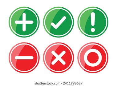 Right, wrong, minus, plus, exclamation and circle mark set in glossy style. Right wrong symbol icon shining style. Right, Wrong, Exclamation mark color. Vector Icon.