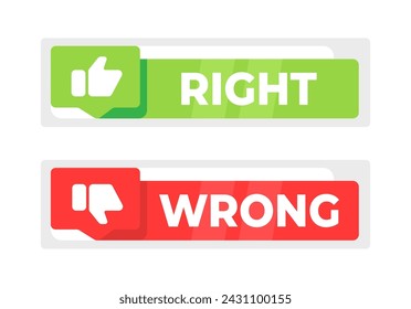 Right Wrong red and green sign, evaluation quiz. Vector stock illustration