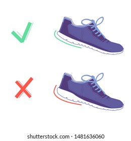 Right and Wrong shoes with natural running. Running shoes. Healthy steps of run concept. Vector flat graphic design isolated illustration.