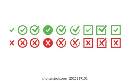 concepto de signo correcto e incorrecto. Marque el conjunto de Botones del icono. Icono de casilla de verificación con Botones correctos e incorrectos e íconos de marca de verificación sí o no en la casilla de verificación verde y la cruz roja. Símbolo de marca de verificación aislada