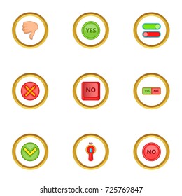 Right and wrong sign icons set. Cartoon style set of 9 right and wrong sign vector icons for web design