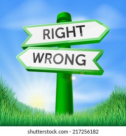 Right or wrong sign in a sunny green field of lush grass