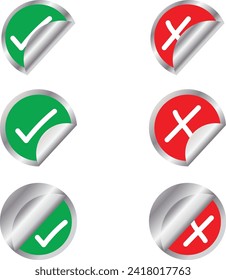 Señales correctas e incorrectas pegatinas metálicas, pegatinas metálicas realistas vectoriales correctas e incorrectas, etiquetas redondeadas de metal plegado, correcto y cancelado carteles