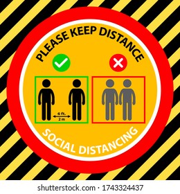 Right and Wrong Social Distancing circle in rectangle danger box sign. Keep a Safe Distance of 6 Feet 2 Meter Sticker Icon. Right and Wrong Maintain Safe Distance 6 ft. 2 m. Vector Image.