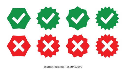 Símbolo errado direito definido em círculo zigue-zague na ilustração de vetor de cor verde e vermelho. Botão de ícone de marca de seleção definido. Ícone de caixa de seleção com botões certos e errados e ícones de marca de seleção sim ou não.