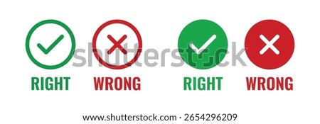 Right and wrong symbols with check and cross marks in green, and red circular icons, representing correctness, mistakes, validation, or error indication