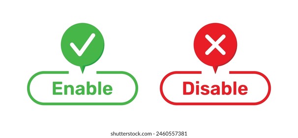Right and Wrong symbols with Enable and Disable buttons green and red color. Enable and Disable buttons with right and wrong symbols. Tick and cross symbols with enable and disable buttons.