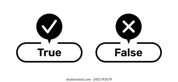 Rechte und falsche Symbole mit schwarzer Farbe für True und False-Schaltflächen. True- und False-Schaltflächen mit rechten und falschen Symbolen. Kontrollkästchen-Symbol mit Häkchen und Kreuz-Symbolen mit wahr oder falsch Schaltflächen Vektor.