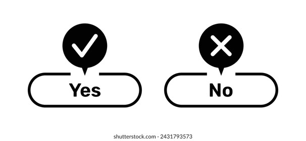 Right and Wrong symbols with Yes and No buttons black color. Yes and No buttons with right and wrong symbols. Check box icon with tick and cross symbols with yes and no buttons.