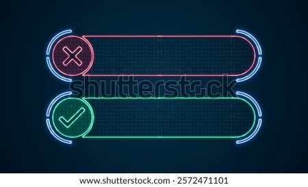 Right or wrong text box, empty frames layout, bright neon visuals.