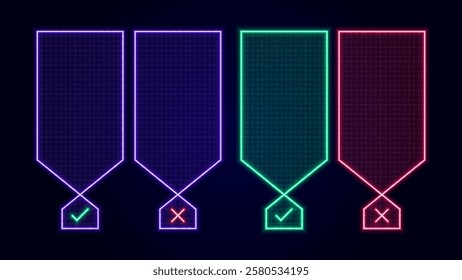 Right or wrong text boxes, empty frames layout, bright neon visuals.