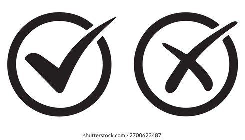 Ícone de vetor direito e errado definir contorno preto de cor arredondada, marca de verificação arredondada plana, cruz, marca x, forma de círculo linha fina marca símbolo. Sinais de homologação e rejeição isolados sobre fundo branco