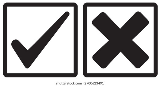 Right and wrong vector icon set rounded color black outline, flat rounded check mark, cross, x mark, circle shape thin line tick mark symbol. Approval and rejection signs isolated on white background