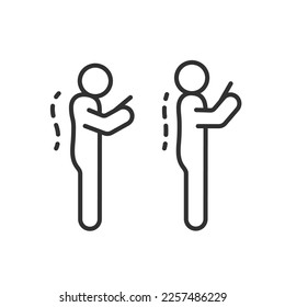 Right and wrong way to use a smartphone, linear icon. Person's head bowed towards the smartphone. Risk of developing hump, cervical kyphosis. Line with editable stroke