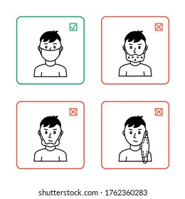 The right and wrong way to wear a face mask. Black and white line art style icons in red and green frames. The mask covers the nose and mouth, hangs under the nose, on the chin, hangs from the ear.