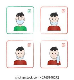 The right and wrong way to wear a face mask. Flat style color icons with green check mark and red cross mark. The mask covers the nose and mouth, hangs under the nose, on the chin, hangs from the ear.