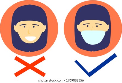 Right And Wrong Way To Wear Face Mask. No Entry Without Using or Wearing Mask Illustration, Wearing Mask Simple Flat Illustration. How to Wear Mask Properly and Correctly to Avoid Coronavirus Covid-19
