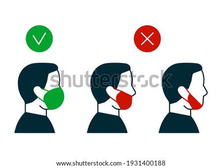 Right and wrong way to wear face mask, profile man icon. Correct and mistakes use wearing mask. Face mask for protection safe health. Vector illustration