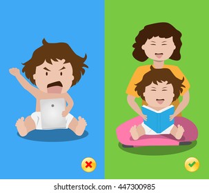 Right and wrong ways learning for child. Do not leave children alone with tablet. Parents should reading for kids. Vector illustration. EPS10