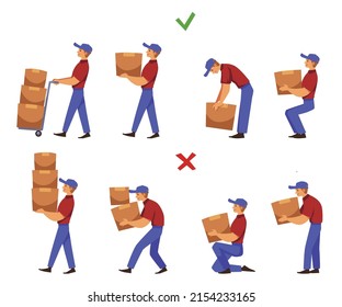 Right and wrong ways to manually handle and lift heavy loads. Man lifting weights correctly and improperly set of flat vector illustrations isolated on white background.