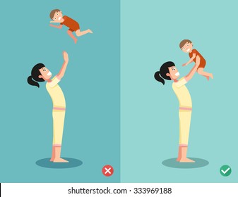 Right and wrong ways for playing with the baby.vector illustration