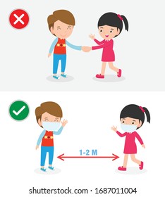 Formas correctas y erróneas y consejos de prevención del coronavirus 2019 nCoV. sin apretón de manos y Distancia social, saludo seguro no apretón de manos no contacto aislado en la ilustración del vector de fondo blanco.