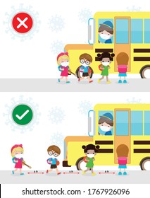 Right and Wrong ways and Prevention tips of coronavirus 2019 nCoV. kids wearing face mask and keep social distancing while get on school bus, Back to school for new normal lifestyle concept vector