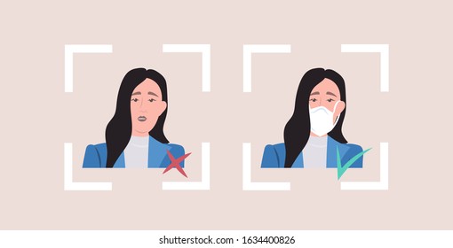 right and wrong ways to protect epidemic woman wearing mask to prevent MERS-CoV wuhan coronavirus 2019-nCoV pandemic medical health risk portrait horizontal vector illustration