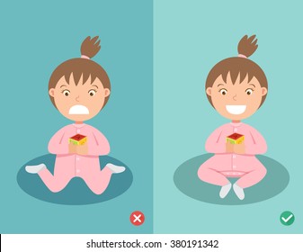 Right and wrong ways sitting position for child,
stop W sitting position (safely for internal femoral torsion) .vector illustration