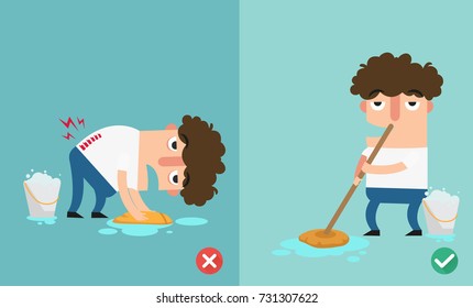 right and wrongs way to clean the floor,illustration, vector