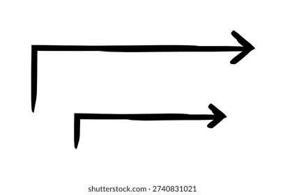 Right-angle arrows turning right hand-drawn sketch graphic element set. 90-degree bends pointing rightward flow. Doodle direction. Minimal black pointers. Ink freehand symbols. Scribble illustration