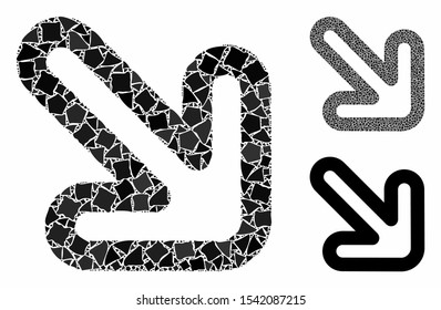 Right-down arrow composition of raggy parts in different sizes and color tones, based on right-down arrow icon. Vector raggy parts are united into mosaic.