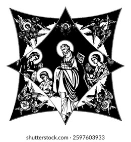 Righteous Joseph on cross dome with 4 apostles, angels and seraphim. Ink illustration black and white in Byzantine style isolated