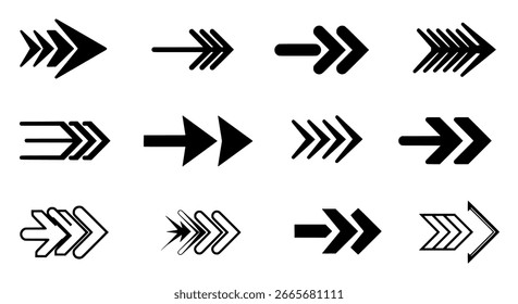 Right-facing arrows vector set with bold and minimalist styles, a modern graphic for user interface and technology projects.