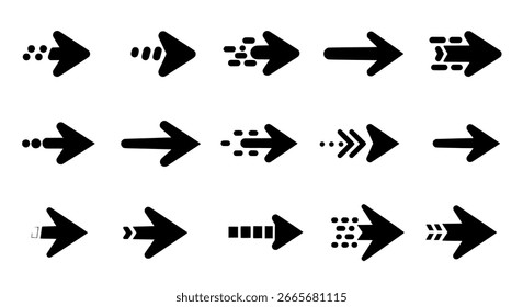 Right-facing arrows vector set in different styles, a versatile graphic icon collection for direction and navigation.