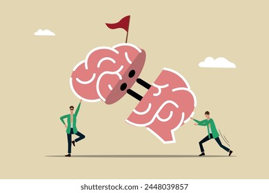Right-left hemisphere connection, creativity to improve the system, system integration, cooperation and synergy, business men thinking together