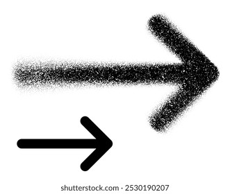 A right-pointing arrow created in both scattered dot art and solid black styles, showing a directional design. Vector illustration.