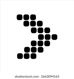 Flecha apuntando hacia la derecha hecha de cuadrados negros redondeados sobre fondo blanco. Icono digital Abstractas para navegación de interfaz de usuario, transferencia de datos, dirección o diseño de interfaz de tecnología.