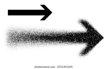 A right-pointing arrow that fades into scattered dots from a solid black style, symbolizing motion and direction. Vector illustration.