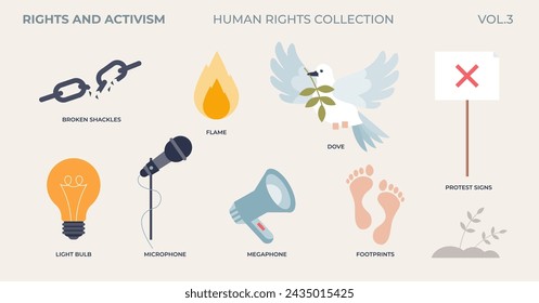 Rechte und Aktivismus protestieren in Menschenrechts-Kleinsammlung. Markierte Artikel für Gemeinde- und soziale Demonstrationen, um für Fairness, Gleichheit und Demokratie zu kämpfen Vektor-Illustration.