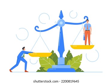 Rights, Inequality, Discrimination, Salary Imbalance Business Concept. Businessman, Manager or Clerk Characters Stand on Scales with Different Level. Cartoon People Vector Illustration