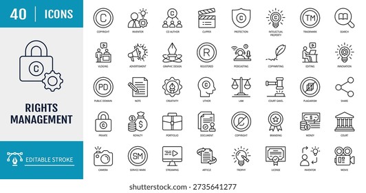 Rights management icon set. Outline Icon Set. Vector Illustration with Editable Strokes
