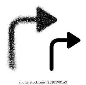 A right-turn arrow transitioning from scattered dots to a solid black line, symbolizing direction and movement. Vector illustration.