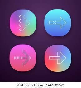 Rightward arrows app icons set. Twisted, notched next, forward arrows. Navigation pointer sign. Pointing symbol. UI/UX user interface. Web or mobile applications. Vector isolated illustrations